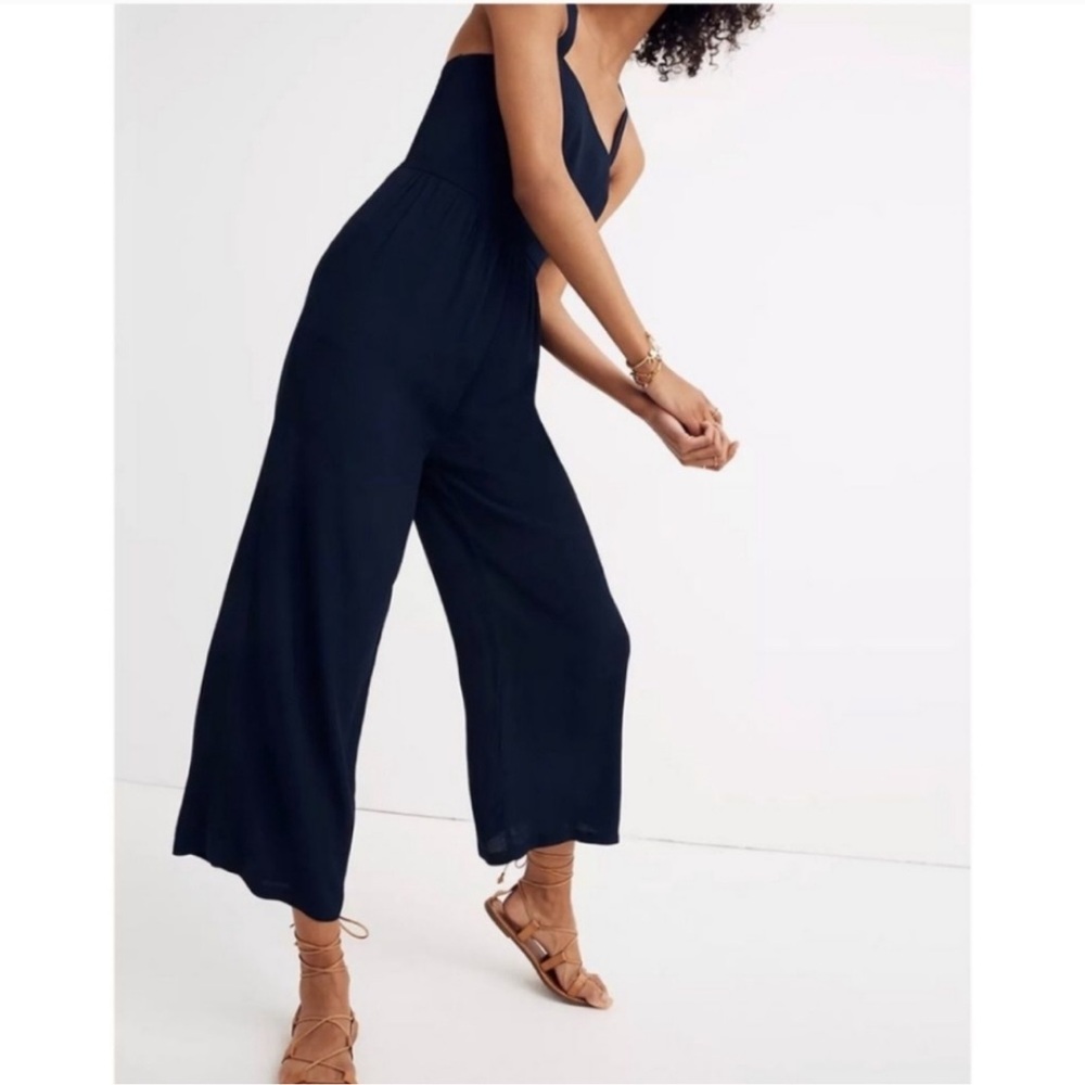 Madewell Navy Blue Smocked Button-Front Crop Jumpsuit - Picture 4 of 14